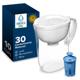 BRITA jarra frente mostrando forma y capacidad para 10 tazas, ayuda a reducir plástico