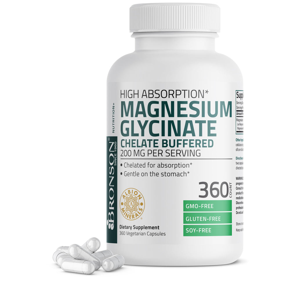 Bronson frasco frontal de Magnesium Glycinate mostrando etiqueta y beneficio de alta absorción