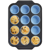 BRONYPRO vista frontal del molde azul para 12 muffins con marco estable