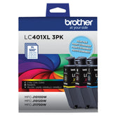 Brother pack LC401XL frontal del paquete mostrando colores y beneficio de compatibilidad