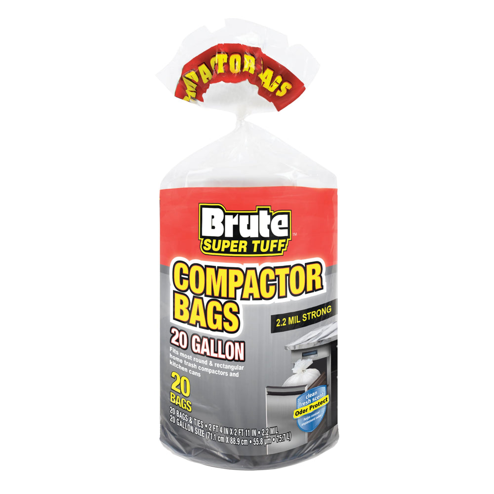 Brute Super Tuff frente del paquete que muestra 20 bolsas y aroma Clean Fresh