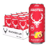 Bucked Up lata frontal Peach Mango mostrando etiquetado y formato portátil