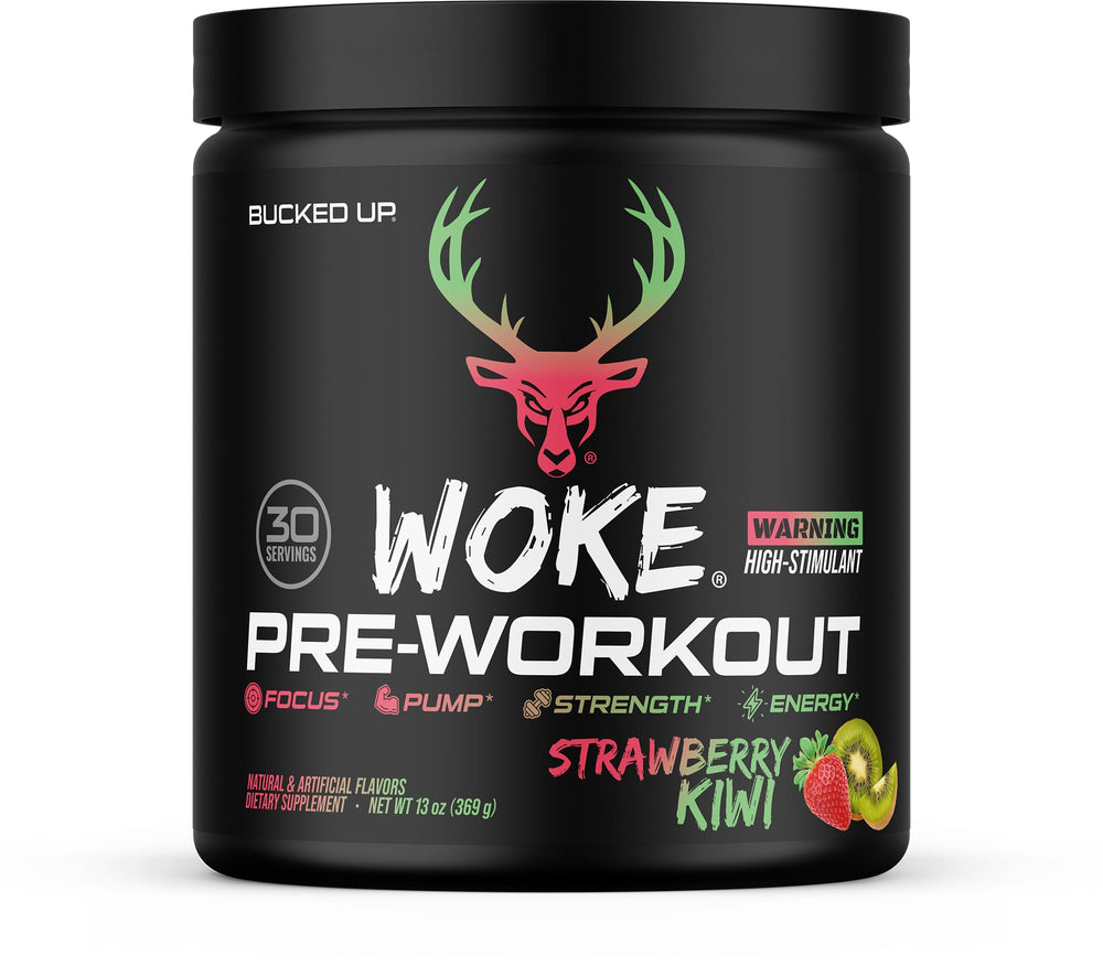 Bucked Up bote frontal Fresa Kiwi mostrando la marca y sabor energizante