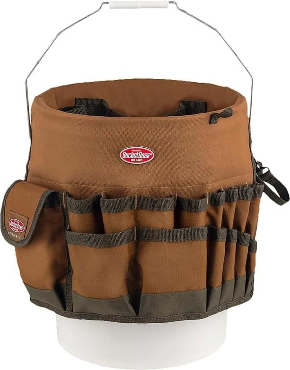 Bucket Boss vista frontal del organizador mostrando bolsillos y ajuste práctico