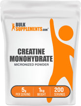 BulkSupplements envase frontal de creatina monohidrato puro mostrando etiqueta clara y cantidad