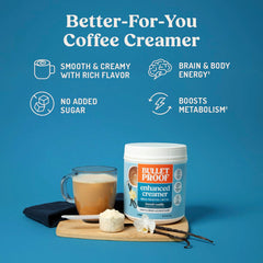 Bulletproof creamer mezclado en café, aporta cremosidad y sabor vainilla