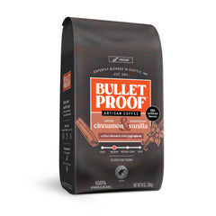 Bulletproof frente del empaque mostrando sabor canela y vainilla y conveniencia de 10 oz