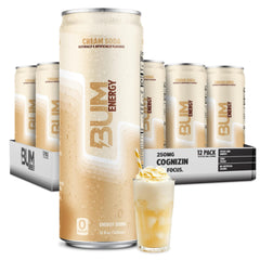 Bum Energy lata cream soda al frente, muestra diseño y conveniencia