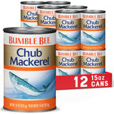 Bumble Bee chub mackerel lata frontal mostrando etiqueta y tamaño conveniente
