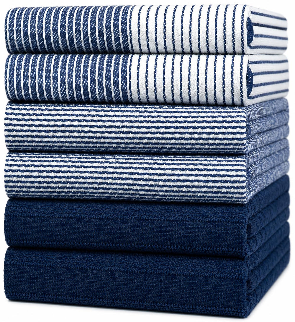 Bumble Towels paquete frontal azul marino mostrando seis toallas, aspecto ordenado