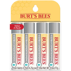 Burt's Bees frente del empaque mostrando cuatro tubos y beneficio de hidratación inmediata