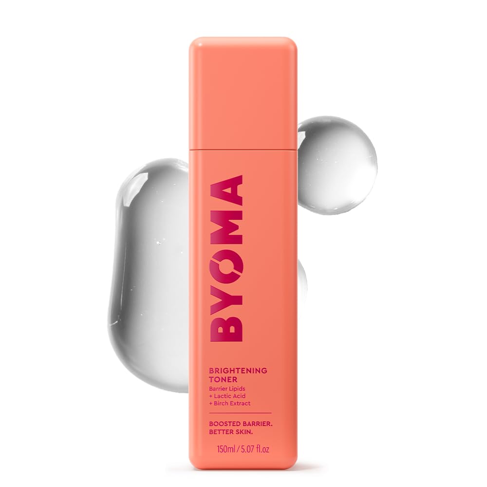 BYOMA tónico frontal botella elegante mostrando etiqueta y beneficio iluminador