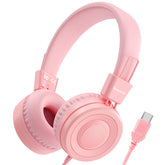 Bywulanda vista frontal de auriculares rosa, diseño cómodo para niños