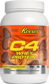 C4 Whey proteína REESE'S frente del envase mostrando sabor y servicios