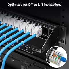 Cable Matters panel montado en rack 19" demostrando integración profesional