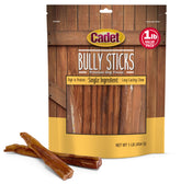 Cadet paquete frontal mostrando palitos Bully Sticks, alta proteína