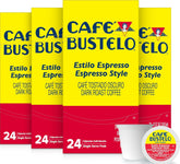 Cafe Bustelo frente del empaque mostrando 96 cápsulas y conveniencia