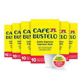 Café Bustelo empaque frontal con cápsulas y beneficio conveniencia