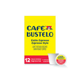 Café Bustelo empaque frontal con 12 cápsulas mostrando conveniencia y aroma