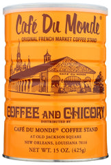 Cafe Du Monde vista frontal de lata 15 oz con etiqueta legible y almacenamiento seguro