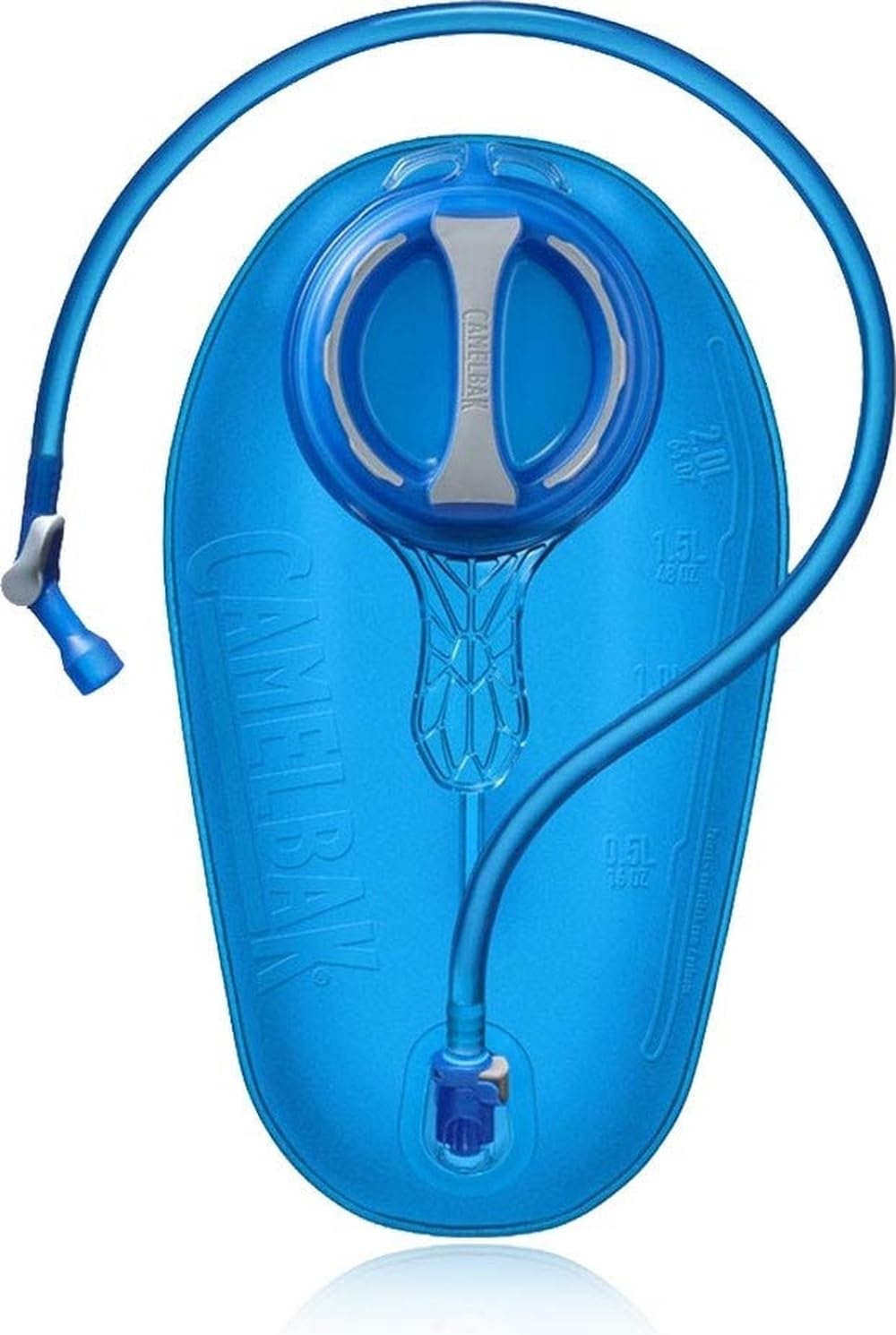 CamelBak vista frontal del reservorio 2L mostrando la tapa fácil de abrir y beneficio transporte seguro