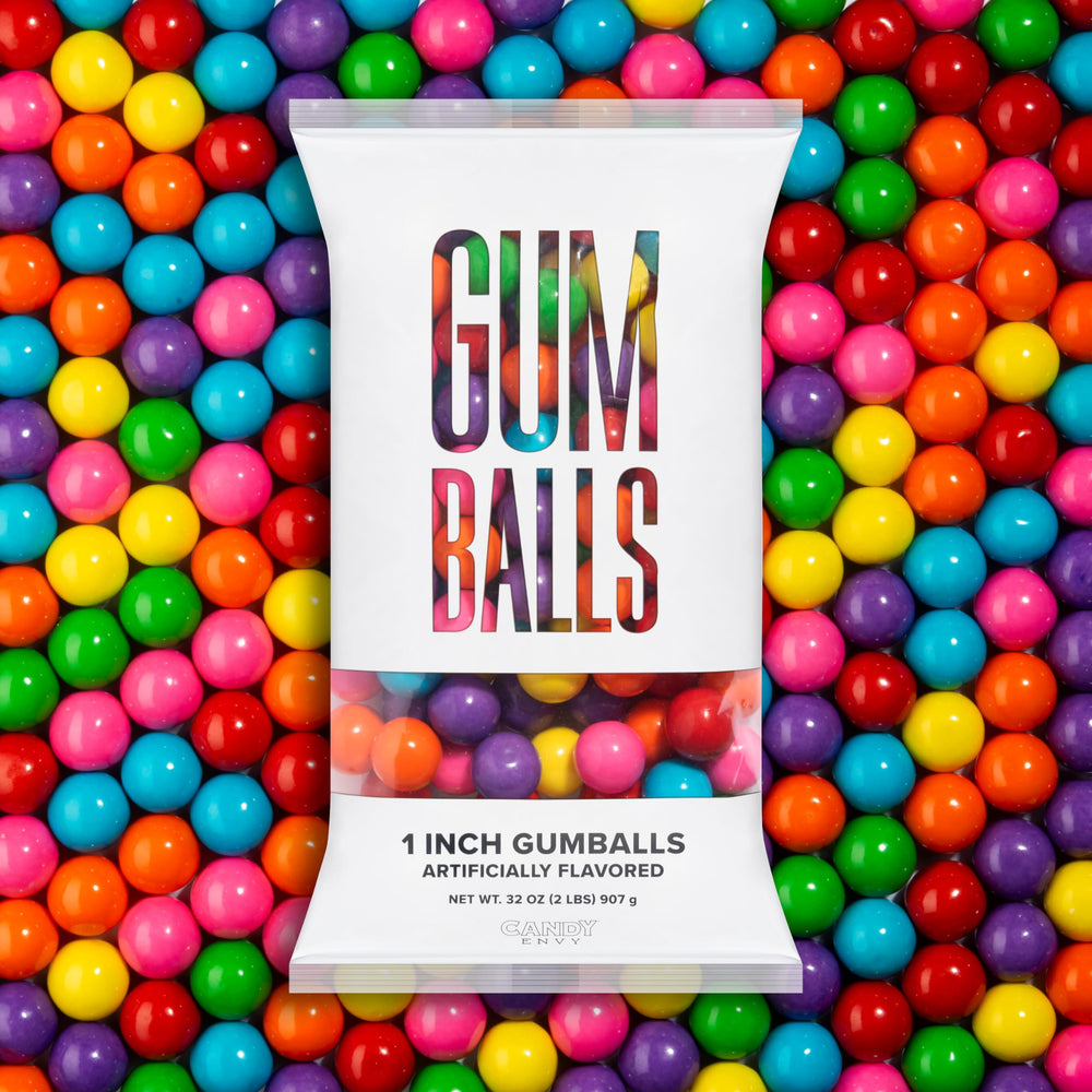 Candy Envy bolsa frontal de gumballs surtidos mostrando 2 lb y colores vibrantes para exhibición