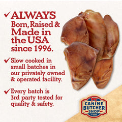 Canine Butcher Shop primer plano de textura de oreja de cerdo que destaca su cocción lenta y digestibilidad