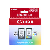 Canon embalaje frontal del pack mostrando PG-245 XL y CL-246 XL, garantía de compatibilidad