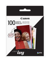 Canon Ivy frente del paquete mostrando 100 hojas y conveniencia