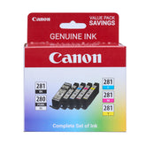 Canon pack frontal de cinco cartuchos mostrando colores y ahorro