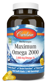 Carlson envase frontal de Omega 2000 mostrando 180 cápsulas y ventajas
