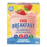 Carnation Breakfast Essentials frente del empaque mostrando fresa y instrucciones, práctico para desayunos rápidos