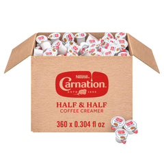 Carnation frente del empaque mostrando 360 tarrinas y facilidad de almacenamiento