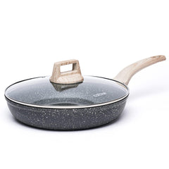 CAROTE sartén frontal con tapa de vidrio mostrando diseño y ahorro de grasa