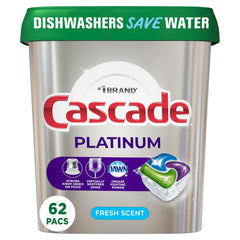 Cascade frente del empaque mostrando 62 pastillas con beneficios de limpieza