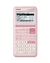 Casio fx-9750GIII frontal rosa mostrando menú y beneficio de uso escolar