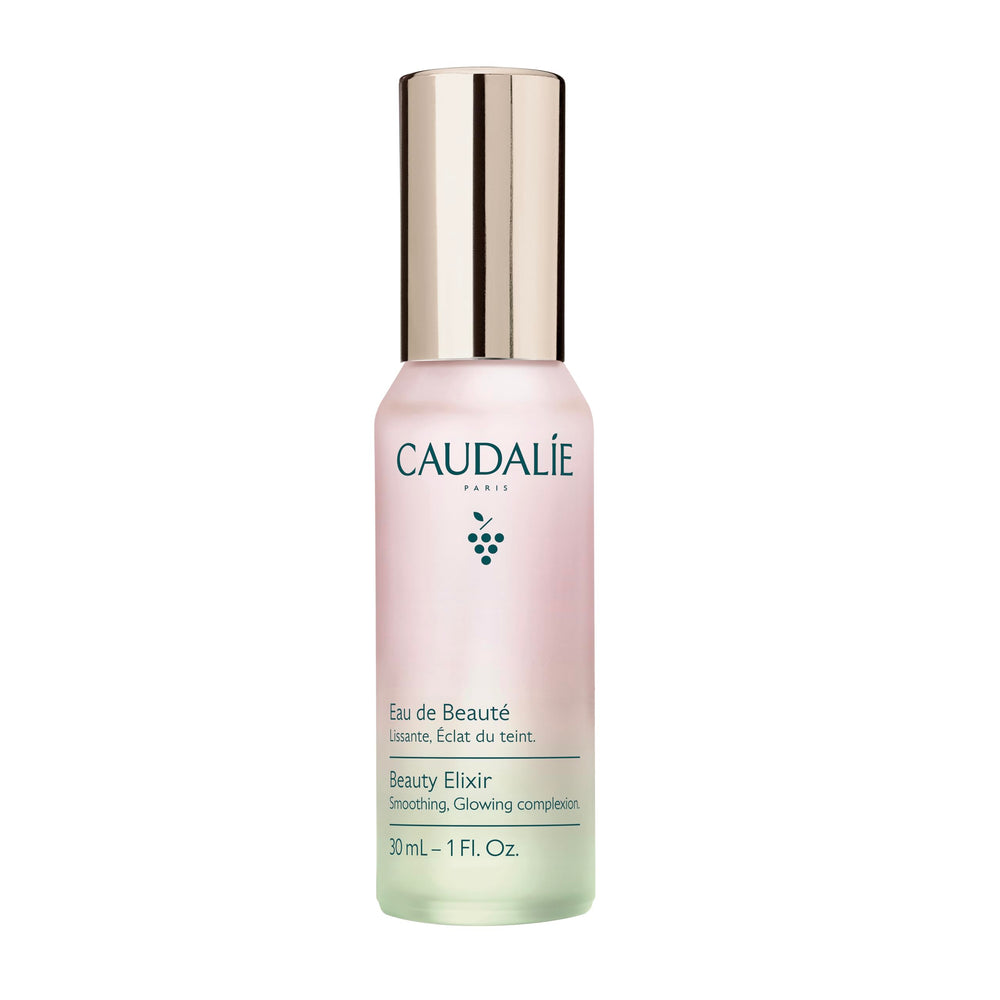 Caudalie frasco frontal mostrando diseño elegante y tamaño práctico