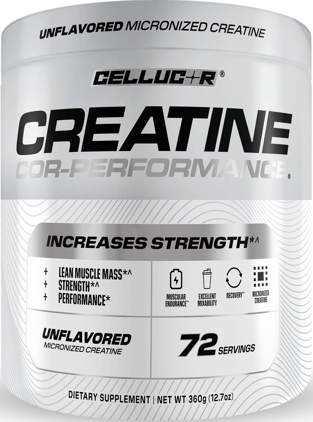 Cellucor envase frontal mostrando el tamaño y branding beneficios de pureza