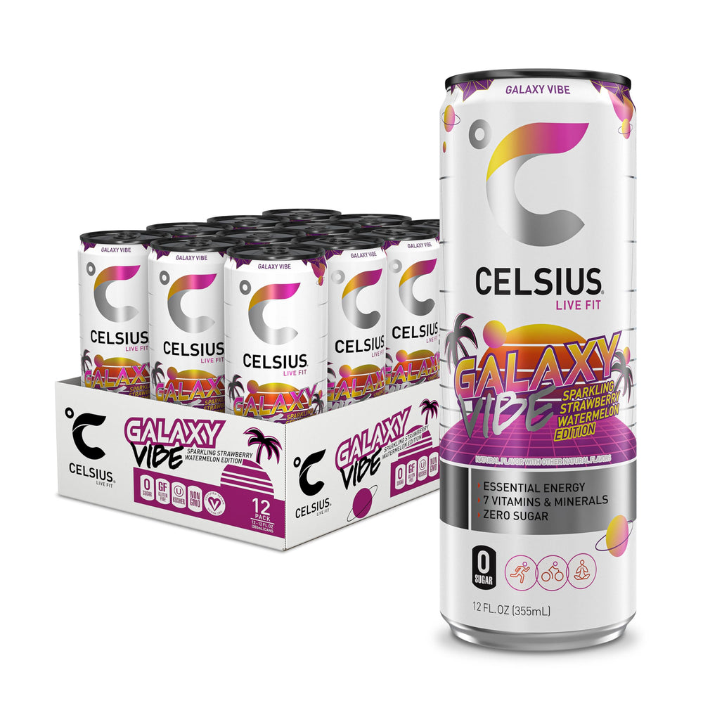 CELSIUS lata Galaxy Vibe frente mostrando diseño galáctico y energía