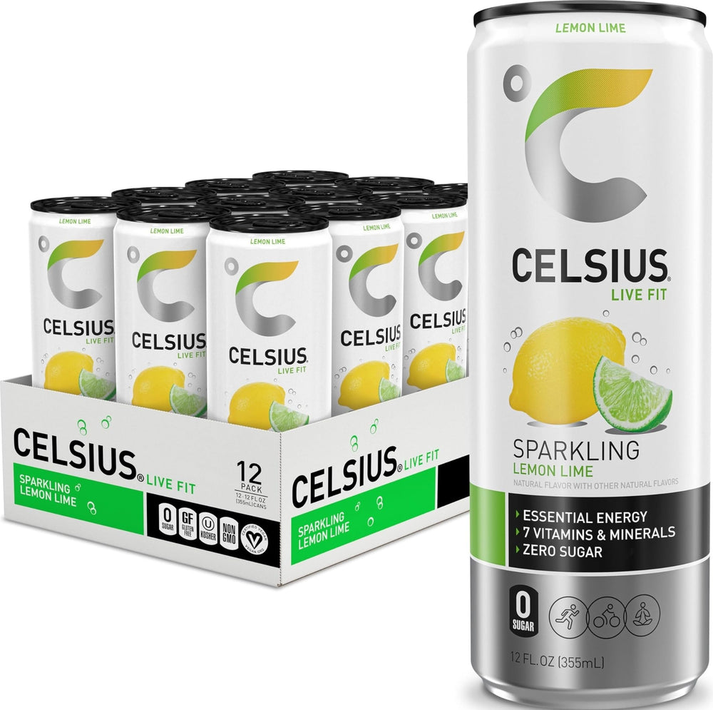 CELSIUS lata frontal Lemon Lime mostrando etiqueta y beneficios energéticos