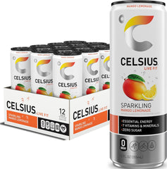 CELSIUS lata frontal mango limonada mostrando diseño y energía