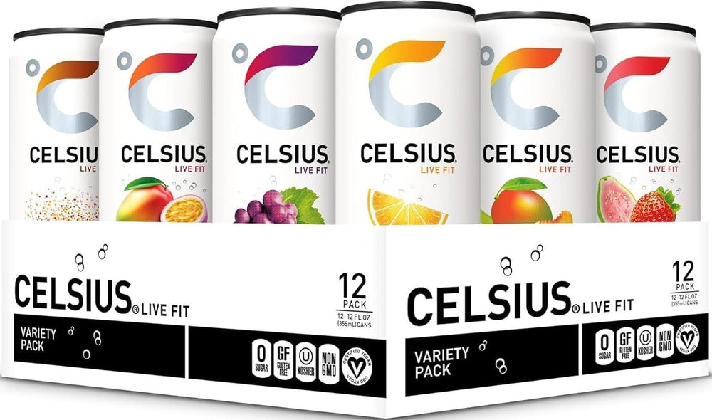 CELSIUS pack frontal mostrando las 12 latas y la variedad de sabores, ideal para energía