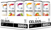 CELSIUS pack frontal mostrando las 12 latas y la variedad de sabores, ideal para energía