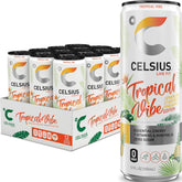 CELSIUS pack de 12 frente mostrando diseño tropical y conveniencia