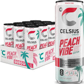 CELSIUS lata frontal Peach Vibe mostrando diseño y energía lista para beber