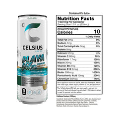 CELSIUS detalle del rótulo mostrando ingredientes y vitaminas