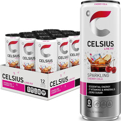 CELSIUS lata frontal con diseño Cherry Cola y beneficio refrescante