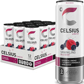 CELSIUS lata frontal mostrando etiqueta y sabor Wild Berry, ideal para energía