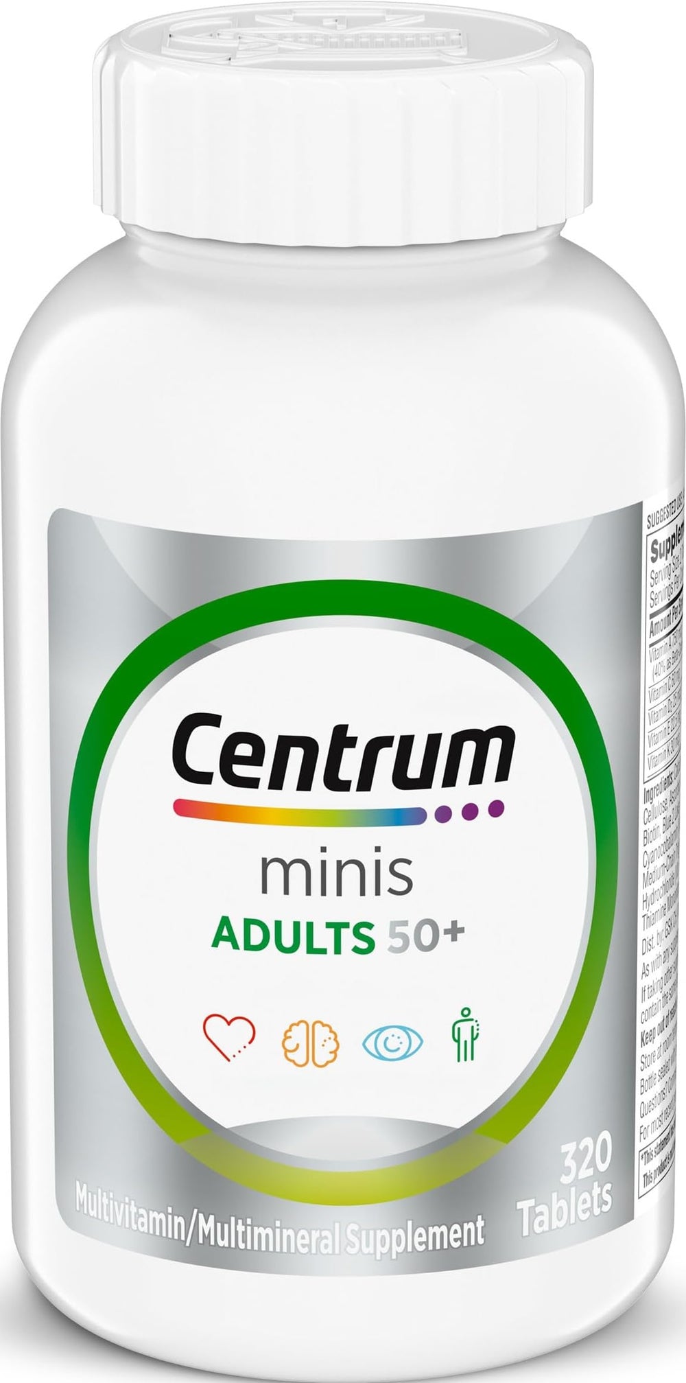 Centrum mostrando el envase frontal y cantidad de 320 tabletas para uso prolongado