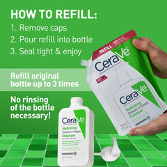 CeraVe envase recarga 16oz junto a una mano para comparar tamaño y ahorro